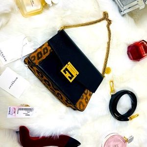GIVENCHY
Calfskin Suede Leopard Print Small GV3 Shoulder Bag Black Chestnut
